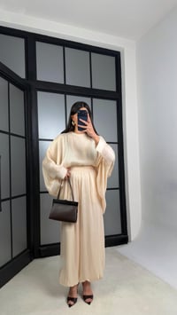 Bej Transparan Pelerin Beli Lastikli Şalvar Pantolon Premium Tasarım Takım GAUS-01292GAUSTAKIMGAUS-01292