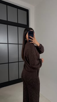 Kahve Kazak Beli Lastikli Pantolon Taş Detaylı Tasarım İkili Modal Takım GAUS-00674GAUSTAKIMGAUS-00674