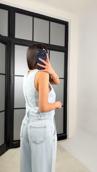 Buz Mavi Fermuarlı Bluz Beli Kuşaklı Pantolon İkili Denim Takım GAUS-01380GAUSTAKIMGAUS-01380