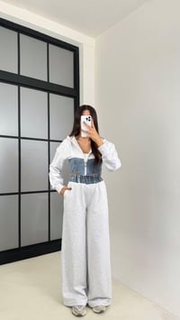 Gri Denim Detaylı Kapüşonlu Hırka Beli Lastikli Pantolon Tasarım Takım GAUS-00444GAUSTAKIMGAUS-00444