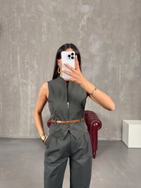 Sarte Koyu Antrasit Astarlı Kemerli Yelek Pantolon İkili TakımGausTAKIMGU100625
