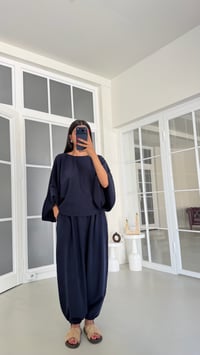 Lacivert Yarasa Kol Bluz Beli Lastikli Şalvar Pantolon İkili Tencel Takım GAUS-01840GAUSSuitsGAUS-01840
