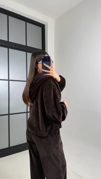 Acı Kahve Kapüşonlu Hırka Crop Beli Lastikli Pantolon 3'lü Kadife Takım GAUS-00875GAUSTAKIMGAUS-00875