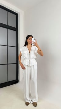 Beyaz Cepli Bağlamalı Yelek Beli Lastikli Pantolon İkili Tencel Takım Gaus00546GausTAKIMGU1002276