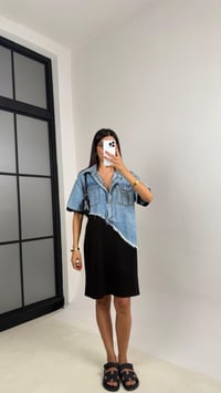 Siyah Önü Düğmeli Denim Üst Bloklu Elbise GAUS-0038GAUSELBİSEGAUS-0038
