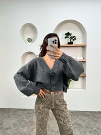 Meda Gri Gül Düğmeli Balon Kol HırkaGausHIRKAGU00903581
