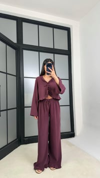 Mürdüm Önden Bağlamalı Gömlek Beli Lastikli Pantolon İkili Tencel Takım GAUS-01336GAUSSuitsGAUS-01336