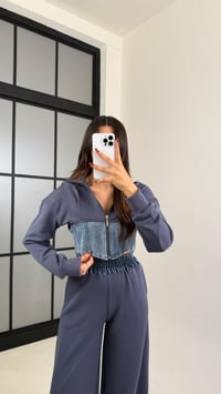 Antrasit Denim Detaylı Kapüşonlu Hırka Beli Lastikli Pantolon Tasarım Takım GAUS-00444GAUSTAKIMGAUS-00444