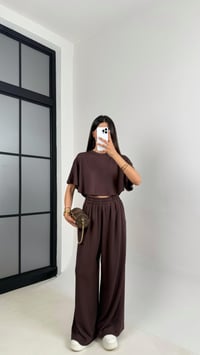 Kahve Crop Beli Lastikli Palazzo Eşofman İkili Modal Kumaş Takım GAUS-01219GAUSTAKIMGAUS-01219