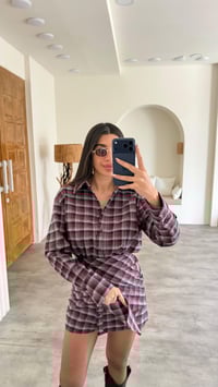 Bordo Düğmeli Ekose Desenlii Muadil Gömlek Elbise GAUS-00877GAUSDressesGAUS-00877