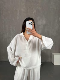 Beyaz Yarım Düğmeli Gömlek Beli Lastikli Pantolon Tensel Takım Gaus00133GausTAKIMGU1001302
