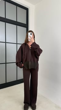 Acı Kahve Ribanalı Kapüşonlu Hırka Beli Lastikli Pantolon Modal Takım GAUS-00697GAUSTAKIMGAUS-00697