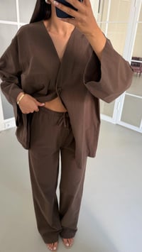 Kahve Kimono Beli Lastikli Pantolon İkili Keten Takım GAUS-01491GAUSTAKIMGAUS-01491