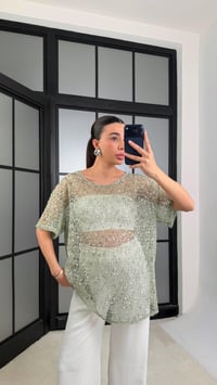 Mint Yeşili Muadil Pul İşleme Detaylı İthal Oversize Tshirt GAUS-01187GAUSTshirtGAUS-01187
