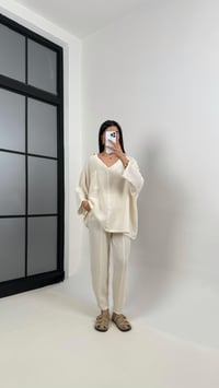 Ekru V Yaka Cepli Gömlek Beli Lastikli Pantolon İkili Müslin Takım Gaus00373GausSuitsGU1001874