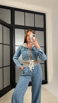 Mavi Kapüşonlu Hırka Beli Lastikli Pantolon İkili Denim Takım GAUS-01272GAUSTAKIMGAUS-01272