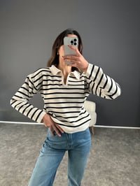 Beyaz Çizgili Polo Yaka Triko Kazak GausKAZAKGU002991
