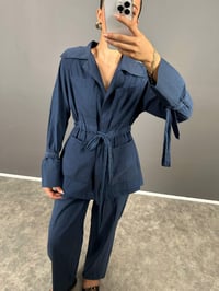 Arley Lacivert Kuşak Bağlamalı Cepli Üst Pantolon Eskitme Tensel Kimono TakımGausTAKIMGU008790