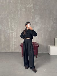 Frank Siyah Önden Düğmeli Pileli Bol Poliviskon PantolonGausPANTOLONGU00904410