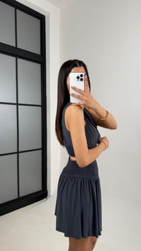 Antrasit Degaje Yaka Beli Lastikli Crop Etek İthal Kumaş Takım Gaus00555GausTAKIMGU1002292