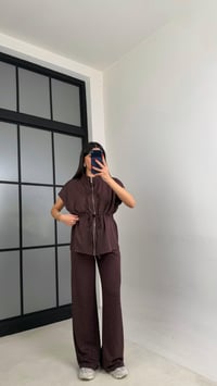 Kahve Beli Lastikli Hırka Pantolon Taşlı Modal Takım GAUS-01064GAUSTAKIMGAUS-01064