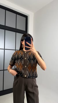 Kahve Yarım Kol Baklava Desenli Muadil Triko Hırka GAUS-00783GAUSHIRKAGAUS-00783