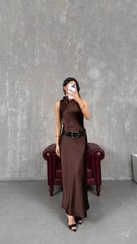 Kahve ZR Model Kemerli Saten Elbise GAUS-01259GAUSELBİSEGAUS-01259