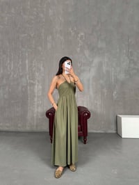 Haki Boyundan Bağlamalı Beli Lastikli Cepli Keten Elbise Gaus00264GausELBİSEGU1001610
