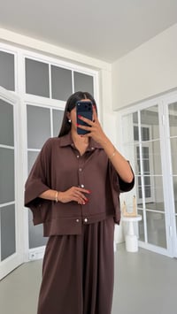 Kahve Yarasa Kol Çıtçıt Düğmeli Ceket Beli Lastikli Şalvar Pantolon İkili Modal Takım GAUS-01835GAUSSuitsGAUS-01835
