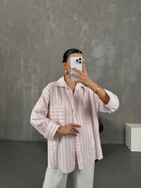 Pembe Çizgili Oversize Keten Gömlek Gaus00017GausGÖMLEKGU1001021