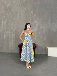 Mavi Sarı Kemerli Straplez Arka Lastikli Elbise Gaus00199GausELBİSEGU1001467