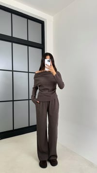 Vizon Asimetrik Yaka Bluz Beli Lastikli Pantolon İkili Gofre Kumaş Takım GAUS-00170GAUSTAKIMGAUS-00170