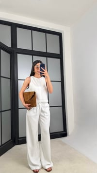 Beyaz Fermuarlı Bluz Beli Kuşaklı Pantolon İkili Denim Takım GAUS-01379 GAUS-01512GAUSTAKIMGAUS-01512