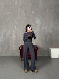 Tamara Antrasit Drapeli Asimetrik Kesim Bluz Pantolon Modal TakımGausTAKIMGU100200