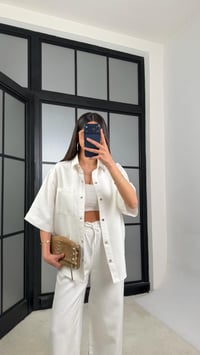 Beyaz Gömlek Beli Kuşaklı Pantolon İkili Tencel Denim Takım GAUS-01471GAUSTAKIMGAUS-01471
