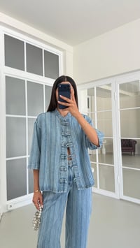 Mavi Tasarım Ceket Pantolon Çizgili Tencel Denim Takım GAUS-01687GAUSSuitsGAUS-01687