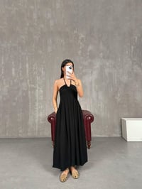 Siyah Boyundan Bağlamalı Beli Lastikli Cepli Keten Elbise Gaus00264GausELBİSEGU1001609