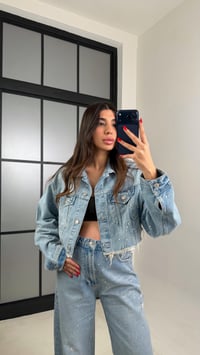 Mavi Crop Ceket Jean Taşlı ZR Model Denim Takım GAUS-00917GAUSTAKIMGAUS-00917