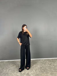 Nore Siyah Modal Kumaş Rahat Dokuma Kısa Kol Tshirt Pantolon TakımGausTAKIMGU008715