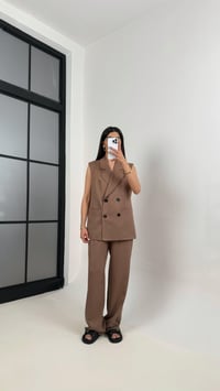 Kahve Önü Düğmeli Astarlı Yelek Beli Lastikli Pantolon Tencel Premium Takım Gaus00366GausTAKIMGU1001851