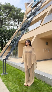 Bej Asimetrik Bluz Beli Lastikli Pantolon Simli Takım GAUS-01583GAUSTAKIMGAUS-01583