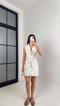 Ekru Cep Detaylı Kemerli Yakası Örgülü Denim Elbise Gaus00554GausELBİSEGU1002291