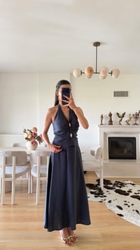 Lacivert Halter Yaka Gold Toka Detaylı Bluz Etek İkili Premium Takım GAUS-01631GAUSTAKIMGAUS-01631