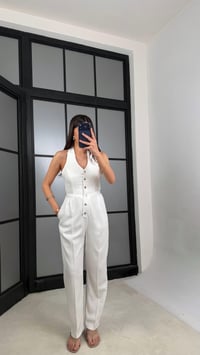 Beyaz Boyundan Bağlamalı Tasarım Tencel Denim Tulum GAUS-01357GAUSJumpsuitsGAUS-01357
