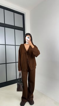 Kahve Önü Bağlamalı Hırka Beli Lastikli Pantolon Yumuşak Triko Takım GAUS-00203GAUSTAKIMGAUS-00203