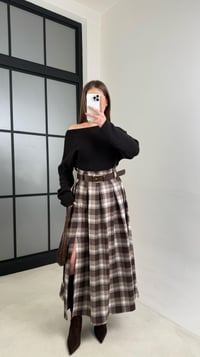 Kahve Kemerli Yırtmaç Detaylı Ekoseli Etek gaus-01026GAUSSkirtgaus-01026