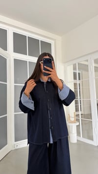 Lacivert Çizgi Detaylı Gömlek Geniş Paça Pantolon İkili Denim Takım GAUS-02041GAUSTAKIMGAUS-02041