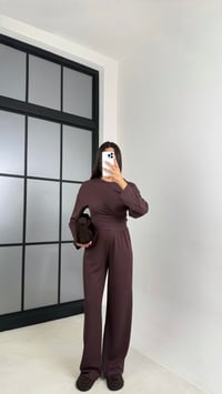 Kahve Yarasa Kol Bluz Beli Lastikli Pantolon Tasarım Modal Takım GAUS-00572GAUSTAKIMGAUS-00572