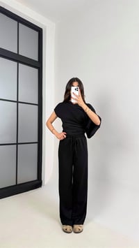 Siyah Yarasa Kol Bluz Beli Lastikli Pantolon Tasarım Modal Kumaş Takım GAUS-01251GAUSTAKIMGAUS-01251