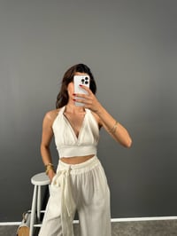 Labe Beyaz Bel Ve Boyun Bağlamalı Müslin Pantolon Üst TakımGausTAKIMGU008830